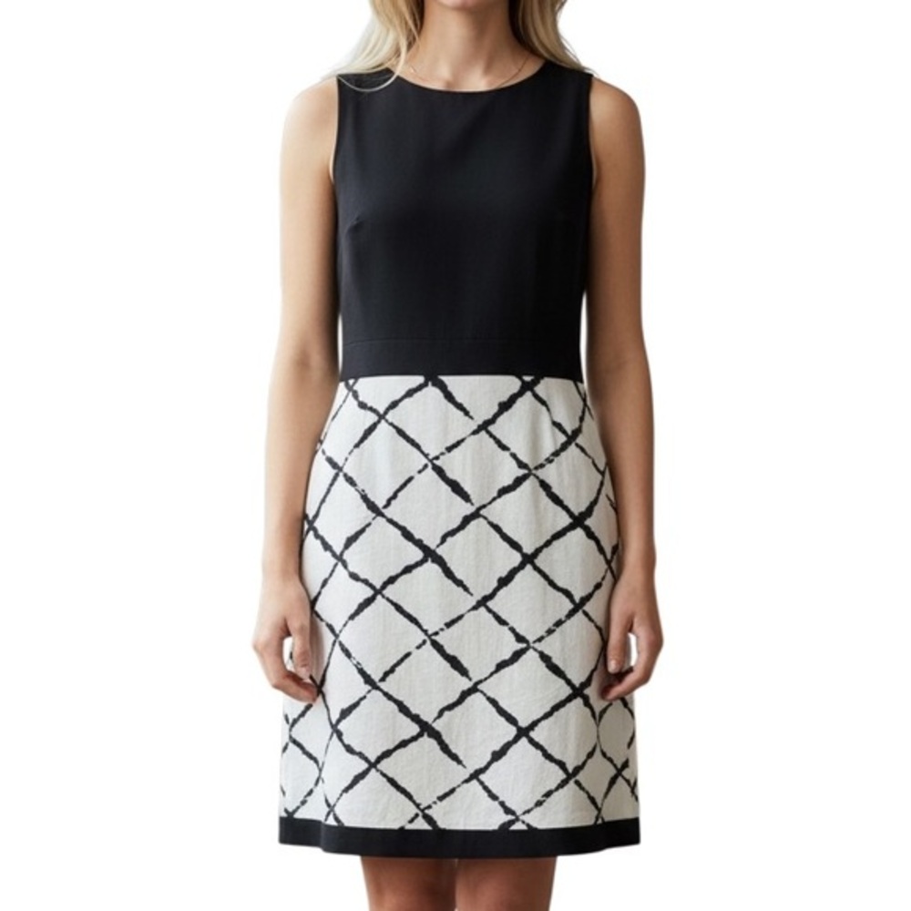 Ann Taylor Women’s Petite 12P Linen Blend Sheath Dress Black White Preppy Office